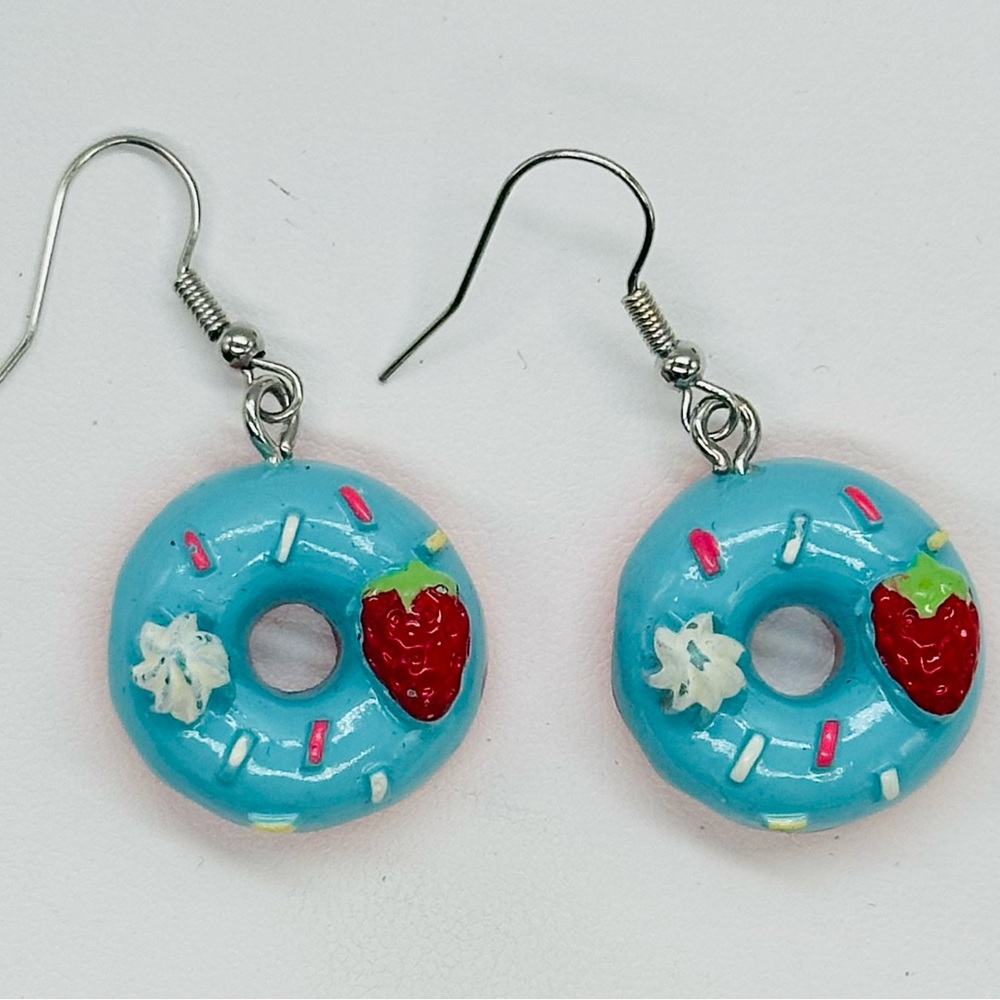 Blue Donut Earrings with Strawberry Novelty Hook Food